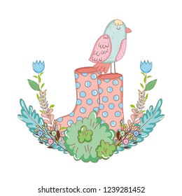 beautiful bird with gardening boots and bush