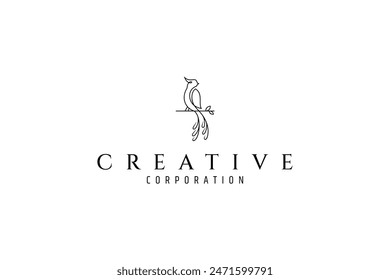 beautiful bird logo perched on a tree branch in line art design style