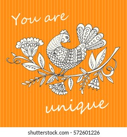 Beautiful bird in magical garden for coloring book