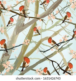 Beautiful bird on big tree with orange flower,cute bird on branch,illustration vector doodle comic art.