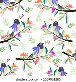 beautiful bird on branch with flower,illustration vector comic art for any card.