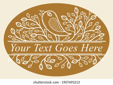 Beautiful bird on a branch linear floral vector design on dark, leaves elegant text divider border element for layouts, fashion style classical emblem, luxury vintage graphics.