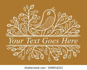 Beautiful bird on a branch linear floral vector design on dark, leaves elegant text divider border element for layouts, fashion style classical emblem, luxury vintage graphics.