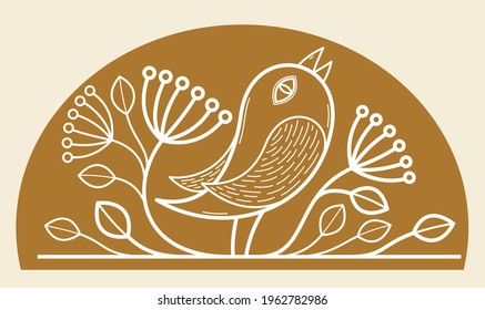 Beautiful bird on a branch linear floral vector design on dark, leaves elegant text divider border element for layouts, fashion style classical emblem, luxury vintage graphics.