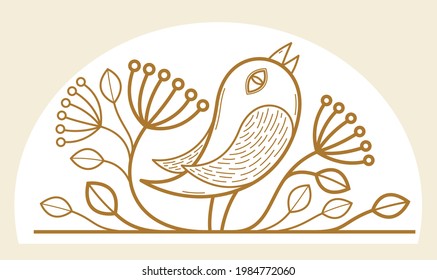 Beautiful bird on a branch linear floral vector design isolated on white, leaves elegant text divider border element for layouts, fashion style classical emblem, luxury vintage graphics.