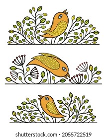 Beautiful bird on a branch linear floral vector design isolated on white, leaves elegant text divider border element for layouts, fashion style classical emblem, luxury vintage graphics.
