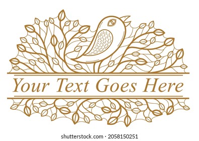 Beautiful bird on a branch linear floral vector design isolated on white, leaves elegant text divider border element for layouts, fashion style classical emblem, luxury vintage graphics.