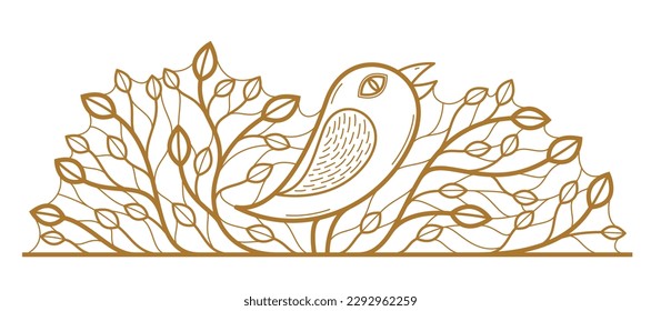 Beautiful bird on a branch linear floral vector design isolated on white, leaves elegant text divider border element for layouts, fashion style classical emblem, luxury vintage graphics.