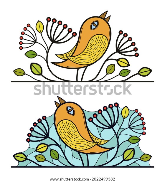 Beautiful bird on a branch linear floral vector
design isolated on white, leaves elegant text divider border
element for layouts, fashion style classical emblem, luxury vintage
graphics.
