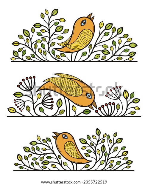Beautiful bird on a branch linear floral vector\
design isolated on white, leaves elegant text divider border\
element for layouts, fashion style classical emblem, luxury vintage\
graphics.