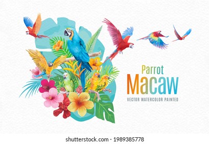 Beautiful Bird parrot Macaw and flower of leaf hand paint watercolor on paper texture white background.