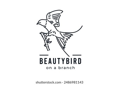 Beautiful bird perched on branch line icon logo, hand drawn vector illustration