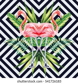 Hermoso flamingo rosa pájaro con hojas tropicales de plátano en estilo de imagen espejo sobre fondo geométrico. Papel tapiz floral de la jungla vectorial