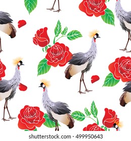 Beautiful bird with roses seamless pattern. Vector illustration isolated on white background.