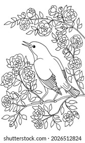 A beautiful bird is sitting on a branch of a blooming tree in flowers. Coloring page for children and adults. Vector illustration.