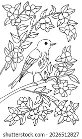 A beautiful bird is sitting on a branch of a blooming tree in flowers. Coloring page for children and adults. Vector illustration.