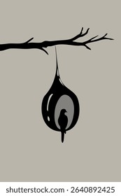 Beautiful bird sitting in their shelter hanging to a tree branch - vector illustration