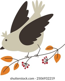 A beautiful bird with spread wings sits on a branch. Vector illustration with bird.