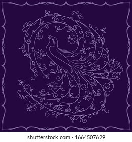 Beautiful bird whose wings and tail with floral elements in light purple color on the dark violet background, framed by a frame 