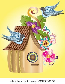 beautiful birdhouse with flowers, leaves, twigs and birds