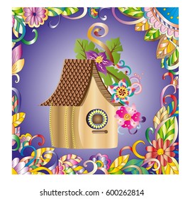 beautiful birdhouse with flowers and ornaments on a blue background