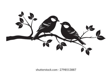 Beautiful birds branch vector illustration romantic love couple silhouette nature tree leaf greeting card background