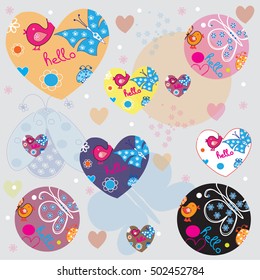 beautiful birds and butterflies with hearts and dots vector illustration