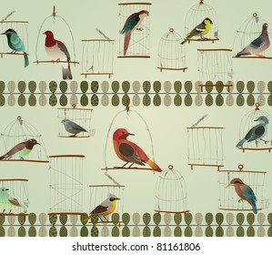 Beautiful Birds in The Cage Concept Design. Retro Style.