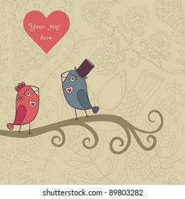 Beautiful birds in love.Illustration of cartoon birds on branch, two romantic birds sitting on the tree. Valentine's day card with place for your text.