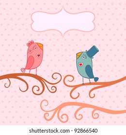 Beautiful birds in love.Illustration of cartoon birds on branch, two romantic birds sitting on the tree.  Valentine's day card with place for your text.