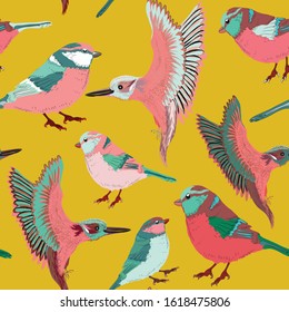 Beautiful birds seamless pattern. Vector illustration on yellow background