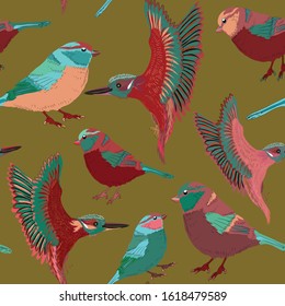 Beautiful birds seamless pattern. Vector illustration of turquoise and red birds on green background