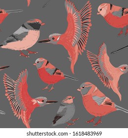 Beautiful birds seamless pattern. Vector illustration of pink and red birds on grey background