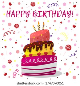 beautiful birthday cake. Holiday card. Happy Birthday Lettering. colorful vector illustration on white background. Cartoon style.