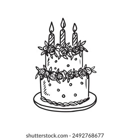 Schöne Geburtstagstorte mit Rosenblumen und Kerzen verziert mit Glasur in Schwarz auf Weiß. Handgezeichnete Vektorgrafik Skizze Illustration in Doodle graviert Vintage Line Art Stil. Alles Gute zum Geburtstag