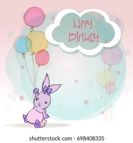 Beautiful birthday card with cartoon animal, balloons,  Vector. Happy b day greeting