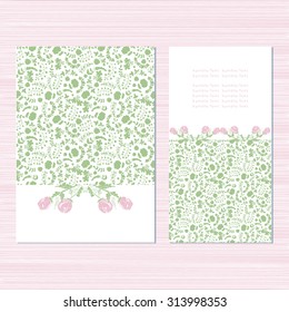 Beautiful birthday card, wedding invitation, anniversary. Congratulations. Template.Pink roses and green field. Sketch. Vintage.