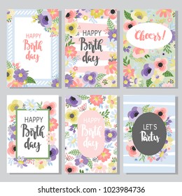 Beautiful birthday cards design collection with hand drawn flowers and text. Set of  greeting cards in the Doodle style.