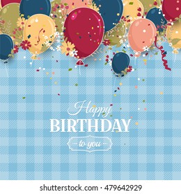 Beautiful birthday greeting card with colorful balloons and flowers