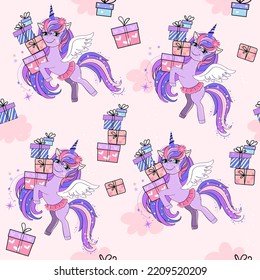 Beautiful birthday purpure unicorn with present seamless pattern. Vector cartoon illustration. Card for children