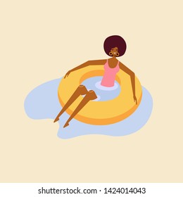 Beautiful black african american girl lying on floating air mattress. Idea for summer poster. Fun summertime on the beach. Female character. Vector cartoon illustration, flat design, isolated 