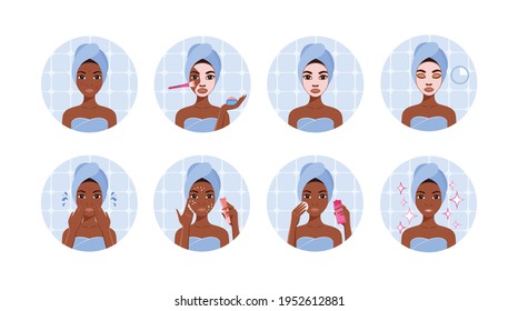 Set von isolierten schwarzen schönen afrikanischen Amerikanerin im Badezimmer. Das Mädchen mit problematischen Haut. Akne. Lady macht eine Schönheitsgesichtsmaske, wendet Creme, Toner und verwenden Sie Schwamm.Sauberes Gesicht, gesunde Haut.Vektor.