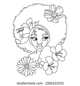 A beautiful black African girl with braids puffs hairstyle with some flowers coloring page outline illustration