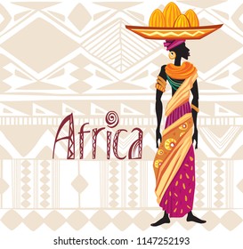 Beautiful black African woman in ethnic dress on tribal ornament background. Africa theme. Poster or card template. Doodle style freehand lettering.