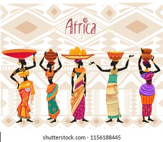 Beautiful black African woman in ethnic dress on tribal ornament background. Africa theme. Poster or card template. Doodle style freehand lettering.