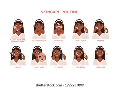 Beautiful Black Afro Woman and Skin Care Treatment Routine. Lady Wash her Face, Apply Cream Tonic,Serum, Sheet mask and Soap Foam. Flat Color Cartoon style.White background. Vector stock illustration.