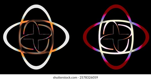 Beautiful black background colorful abstract atomic logo design and line art. Illustration, vectorart.Wall print and illusion wallpaper .