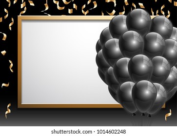 Beautiful black balloons randomly flying over gold frame. Party elegant vector background with space for text. Vector golden frame, confetti, ballons.