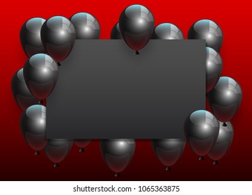 Beautiful black balloons randomly flying over black frame on a red background. Party elegant vector background with space for text. Vector dark frame, confetti, ballons.