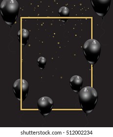 Beautiful black balloons randomly flying over gold frame. Party elegant vector background with space for text. Vector golden frame, confetti, ballons. Black Friday, celebration, VIP invitation concept